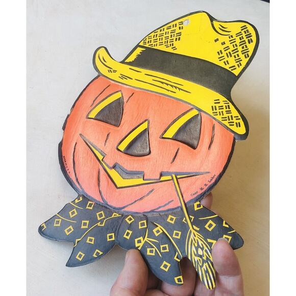 Vintage Halloween H E Luhrs Scarecrow Pumpkin Jack O’Lantern Cardboard Decor USA - Picture 12 of 12